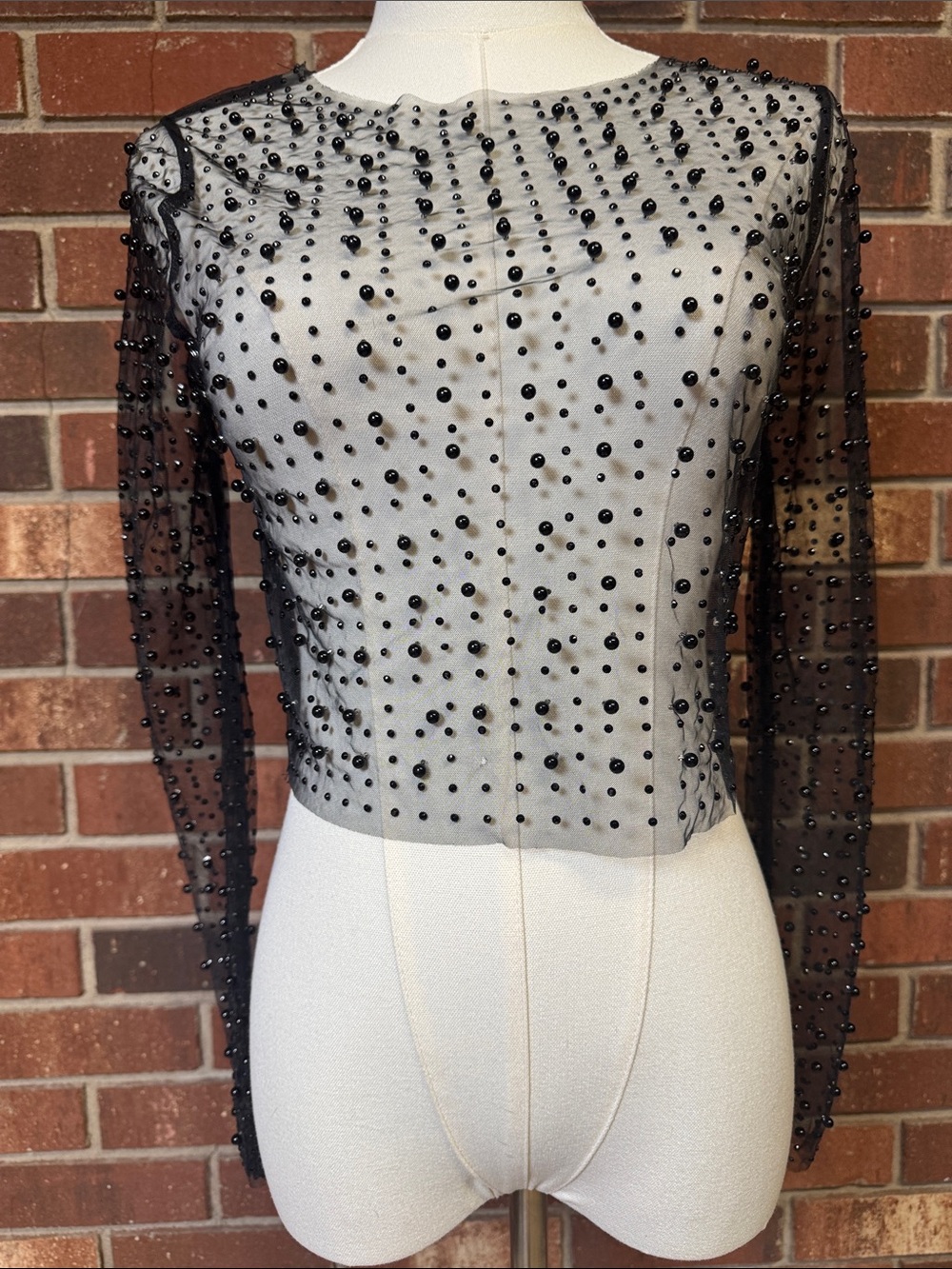 Windsor Black Sheer Embellished Long-Sleeve Crop Top Size XL